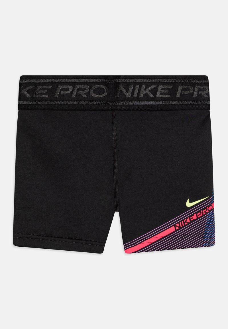 Melni Nike Pro šorti ar elastīgu jostu, pēdējā daļā ir krāsaina diagonāla grafiska dizaina apdare neon rozā un zila krāsā.