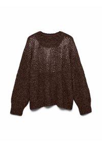 Pull en tricot marron avec une coupe ample, des épaules tombantes, un col rond et un motif texturé au niveau de la poitrine.
