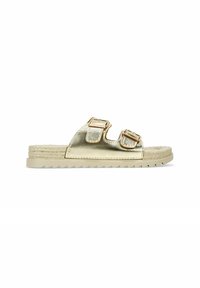 Chanclas metálicas doradas con dos correas ajustables, plantilla texturizada y una suela de goma blanca con un patrón de banda de rodadura en zigzag.