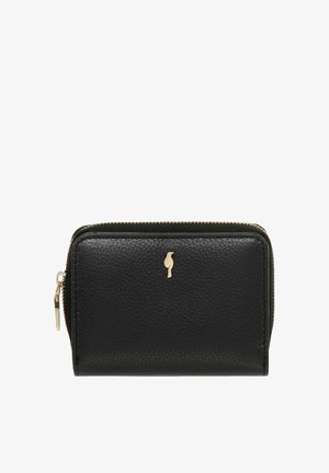 Czarny skórzany portfel o teksturowanym wykończeniu, z zamkiem błyskawicznym w złotym odcieniu i małym emblematem z przodu. Kompaktowy i prostokątny kształt.