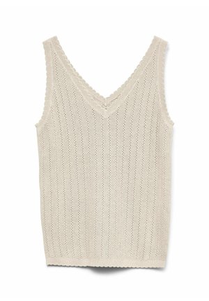 Beige gebreide top zonder mouwen met V-hals, verticale opengewerkte patroontjes en gegolfde randen langs de halslijn en zoom.