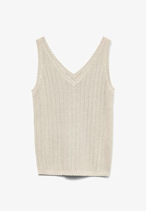 Beige gebreide top zonder mouwen met V-hals, verticale opengewerkte patroontjes en gegolfde randen langs de halslijn en zoom.