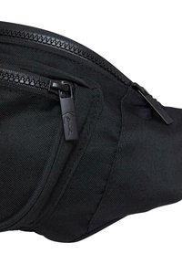 Zwarte stof heuptas met een textuur oppervlak, met rits afgesloten compartimenten en matte zwarte hardware met een logo label aan de ritslus.