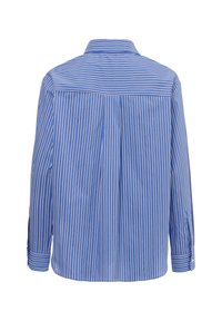 Blau-weiße gestreifte Hemd mit Button-down-Kragen, langen Ärmeln, einer Falte auf der Rückseite und hochgekrempelten Ärmeln. Glatte Stofftextur.