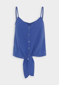 Blue sleeveless top made from soft fabric, featuring a V-neck, button front, and a tied knot detail at the hem.