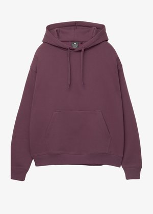 Bluza z kapturem w jednolitym fioletowym kolorze, z regulowanym kapturem, przednią kieszenią, długimi rękawami oraz ściągaczami przy rękawach i dolnym tyle.