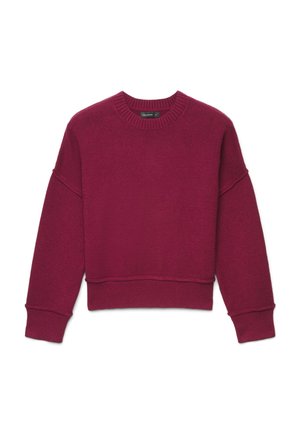 Pull à manches longues col rond en tissu tricoté rouge foncé avec poignets, ourlet et col en côtes, présenté à plat sur fond blanc.