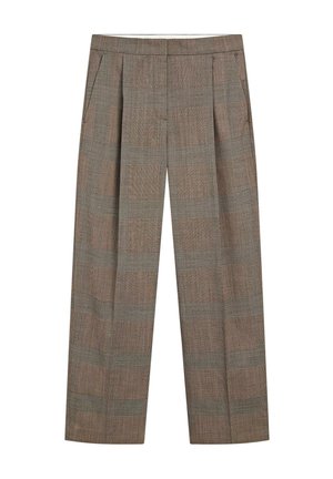 Pantaloni a vita alta marroni a quadri con gambe larghe, pieghe sul davanti e tasche laterali. Il tessuto presenta un motivo a quadri con texture.