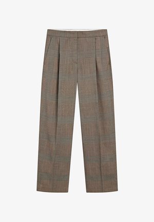 Hnědé kárované kalhoty s vysokým pasem a širokými nohavicemi, s plisemi vpředu a bočními kapsami. Tkanina má texturovaný vzor kostky.