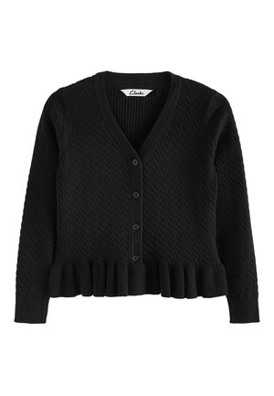Cárdigan negro de punto con tejido de cable, escote en V, botones en el delantero, mangas largas y dobladillo con volantes, etiquetado como Clarks.