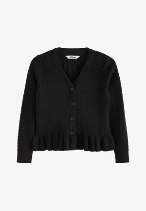 Czarny sweter kardigan z warkoczowym splotem, dekoltem w serek, zapięciem na guziki z przodu, długimi rękawami i falbankowym dołem, oznaczony metką Clarks.