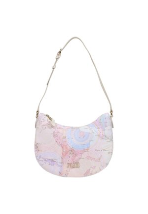 Bolso de hombro con diseño de mapa vintage en tonos pastel, forma curva, correa ligera ajustable y pequeño logo dorado "MIAJAE" en el frente.