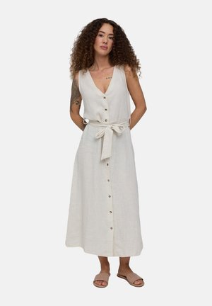 Ärmelloses Leinenkleid in Off-White, mit tiefem V-Ausschnitt, vorderer Knopfleiste, Taillengurt und einem bodenlangen, A-Linien-Schnitt.