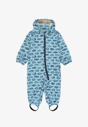 Mono de nieve para bebé de color azul claro con patrones de peces en azul oscuro, cremallera frontal, capucha, puños elásticos y correas en los pies para un ajuste seguro.