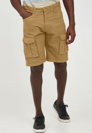 Khaki Cargo-Shorts aus weichem Material mit zwei großen Seitentaschen, einem Frontknopfverschluss und einem klassischen geraden Schnitt.