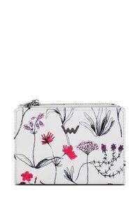 Weißes Portemonnaie mit floralem Design, das rosa und lila Blumen zeigt, schwarze Konturen und einen silbernen Reißverschluss hat.