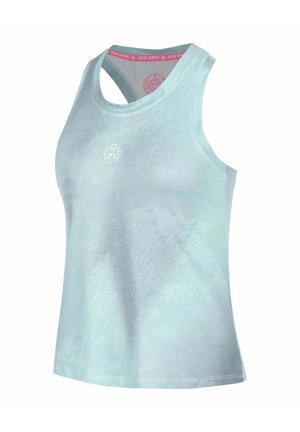 Haut de sport sans manches bleu clair avec un petit logo circulaire sur la poitrine et un tissu en maille pour la respirabilité.