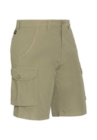 Pantaloni cargo color khaki realizzati in tessuto leggero, dotati di tasche laterali, chiusura con bottone e vestibilità comoda. Texture liscia e cuciture piatte.