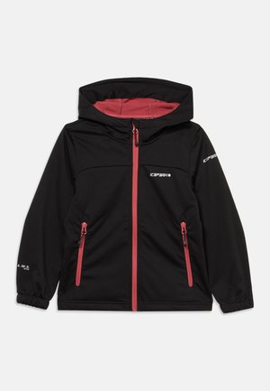 Black hooded jacket with red zipper and pocket accents, elastic cuffs, and white logo text on chest, sleeve, and wrist.