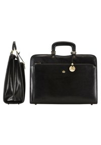 Maletín de cuero negro con diseño estructurado, doble asa superior, bolsillo frontal con cremallera y detalles en dorado, incluidos un charm.