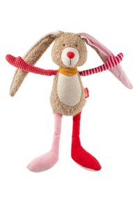 Brown plush rabbit with long ears, red polka dot arms, red and white striped legs, and a yellow neck collar. Soft texture throughout.