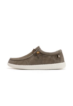 Gray canvas slip-on shoe with a rounded toe, white rubber sole, and a brown cord detail. Notable logo on the side. Smooth texture.