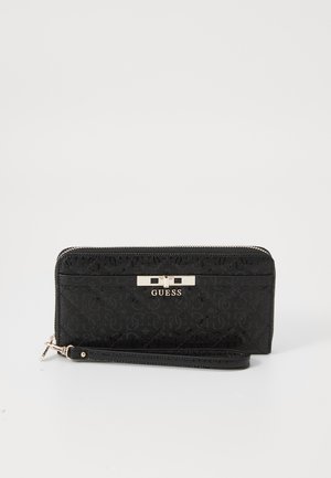 Black wallet with a textured pattern, featuring a gold tone hardware clasp and wrist strap. Zipper closure along the top.