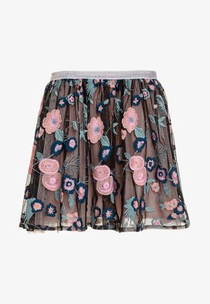 Sort gennemsigtig nederdel med flerfarvet blomsterbroderi i pink, blå og grøn. Har en sølvfarvet elastisk taljebånd og lagdelt design.