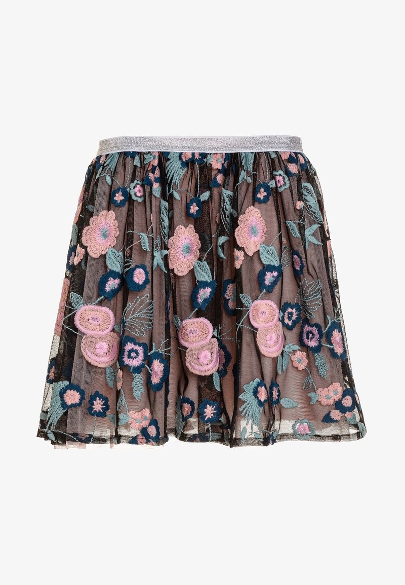 Jupe noire transparente avec broderies florales multicolores en rose, bleu et vert. Comprend une ceinture élastique argentée et un design à plusieurs couches.