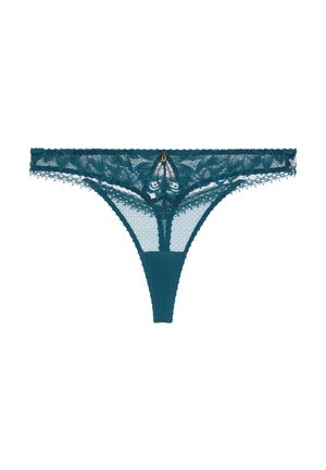 String en dentelle bleu sarcelle avec motif floral, bords festonnés et un petit accent doré à l'avant. Texture transparente avec une ceinture lisse.