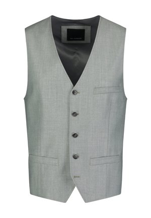 Gilet gris avec une texture lisse, décolleté en V, six boutons, deux poches avant et une fente au dos pour un ajustement optimal. Idéal pour les tenues formelles.