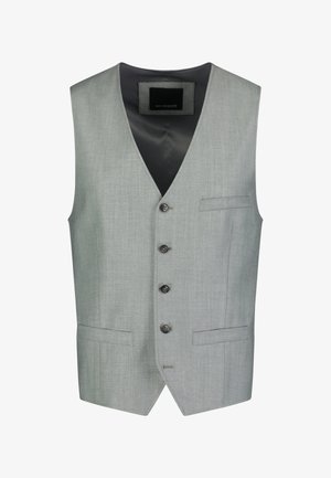 Grau Weste mit glatter Textur, V-Ausschnitt, sechs Knöpfen, zwei Fronttaschen und einem Rückenschlitz für die Passform. Ideal für formelle Anlässe.