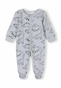 Pijama de bebé gris con ilustraciones de dinosaurios negros, mangas largas, cierres a presión y diseño con pies para mayor calidez y confort.