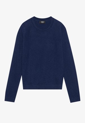 Marineblauwe trui van zachte stof, met lange mouwen, een ronde halslijn en een cropped zoom. Minimalistisch design zonder extra accenten.