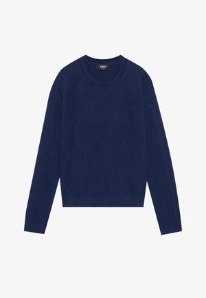 Maglione blu navy realizzato in tessuto morbido, con maniche lunghe, scollo rotondo e orlo corto. Design minimalista senza ulteriori dettagli.