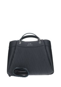 Borsa nera con texture, forma strutturata, dettagli del logo sul davanti, manici doppi e tracolla removibile.