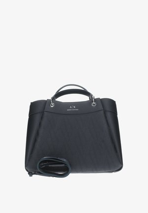 Borsa nera con texture, forma strutturata, dettagli del logo sul davanti, manici doppi e tracolla removibile.