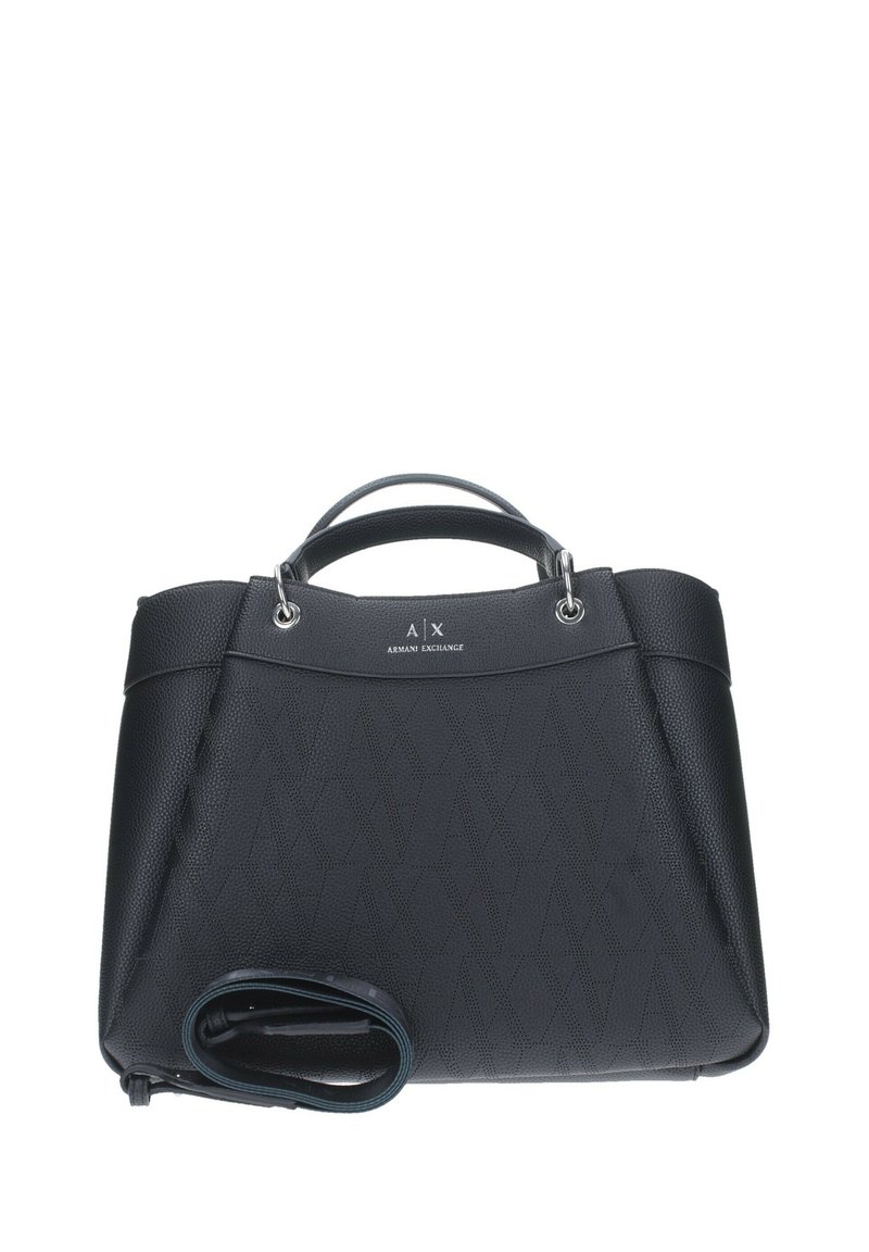 Borsa nera con texture, forma strutturata, dettagli del logo sul davanti, manici doppi e tracolla removibile.