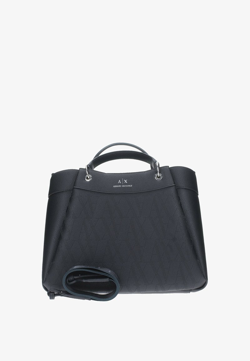 Borsa nera con texture, forma strutturata, dettagli del logo sul davanti, manici doppi e tracolla removibile.