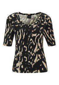 Zwart en beige abstract dierenprint korte mouwen shirt met ronde halslijn en fitted snit.