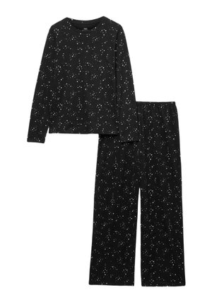 Ensemble pyjama noir à manches longues et pantalon avec motif d’étoiles blanches et de points sur fond blanc uni.