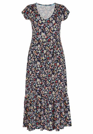 Laivastonsininen midimekko, jossa on lyhyet hihat ja monivärinen kukkakuosi. Mekossa on V-kaula-aukko sekä kerrostettu hame, jossa on röyhelöhelma.