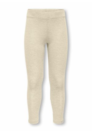 Beige enganliegende Leggings mit elastischem Bund und ohne sichtbare Muster oder Logos, vor weißem Hintergrund dargestellt.
