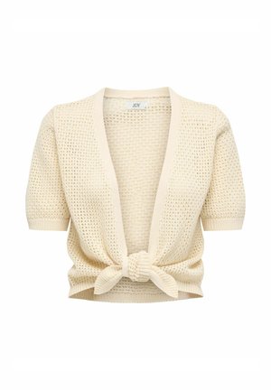 Cardigan tricoté couleur crème avec un tissage texturé en mailles ouvertes, manches courtes, col en V et un détail noué à la taille.
