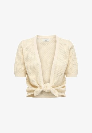 Cardigan tricoté couleur crème avec un tissage texturé en mailles ouvertes, manches courtes, col en V et un détail noué à la taille.
