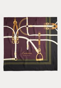 Silk scarf featuring a horse bridle pattern in white and brown, on a deep burgundy background with green and black borders. "Lauren Ralph Lauren" printed.
