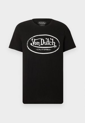 Must lühikeste varrukatega T-särk, millel on valge "Von Dutch California" ovaalse logo rinnal, ümara kaelusega.