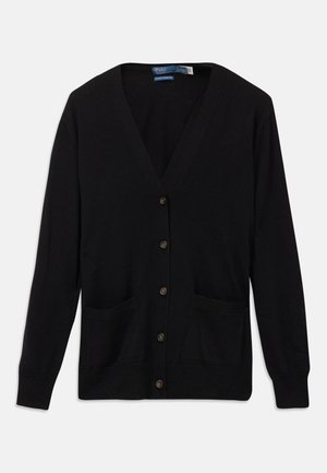 Black cardigan with a v-neck, long sleeves, buttons down the front, and two front pockets. Soft texture and a classic fit design.