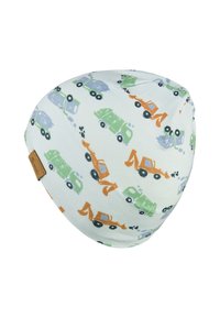 Cotton beanie with a light blue background, featuring multicolored patterns of trucks, diggers, and construction vehicles; includes a tan tag.
