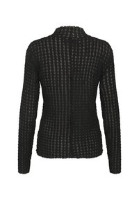 Sort langærmet bluse med et tekstureret stribemønster. Stoffet har en let gennemsigtig effekt og en tætsiddende silhuet. Høj krave design.
